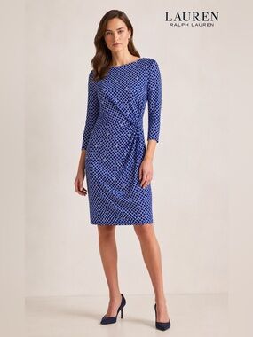 Lauren Ralph Lauren Blue Logo Print Faux Wrap Sheath Dress Sz 12 Career Classic